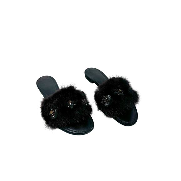 Louis Vuitton Black Fur Jeweled Slide Sandals Women’s EU 39 Luxury Designer - Picture 1 of 9